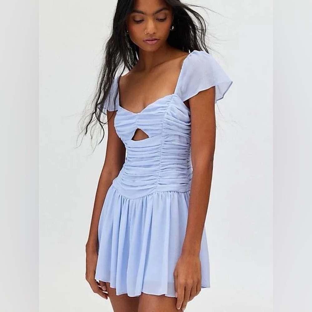 Light Blue Ruched Cutout Romper Dress